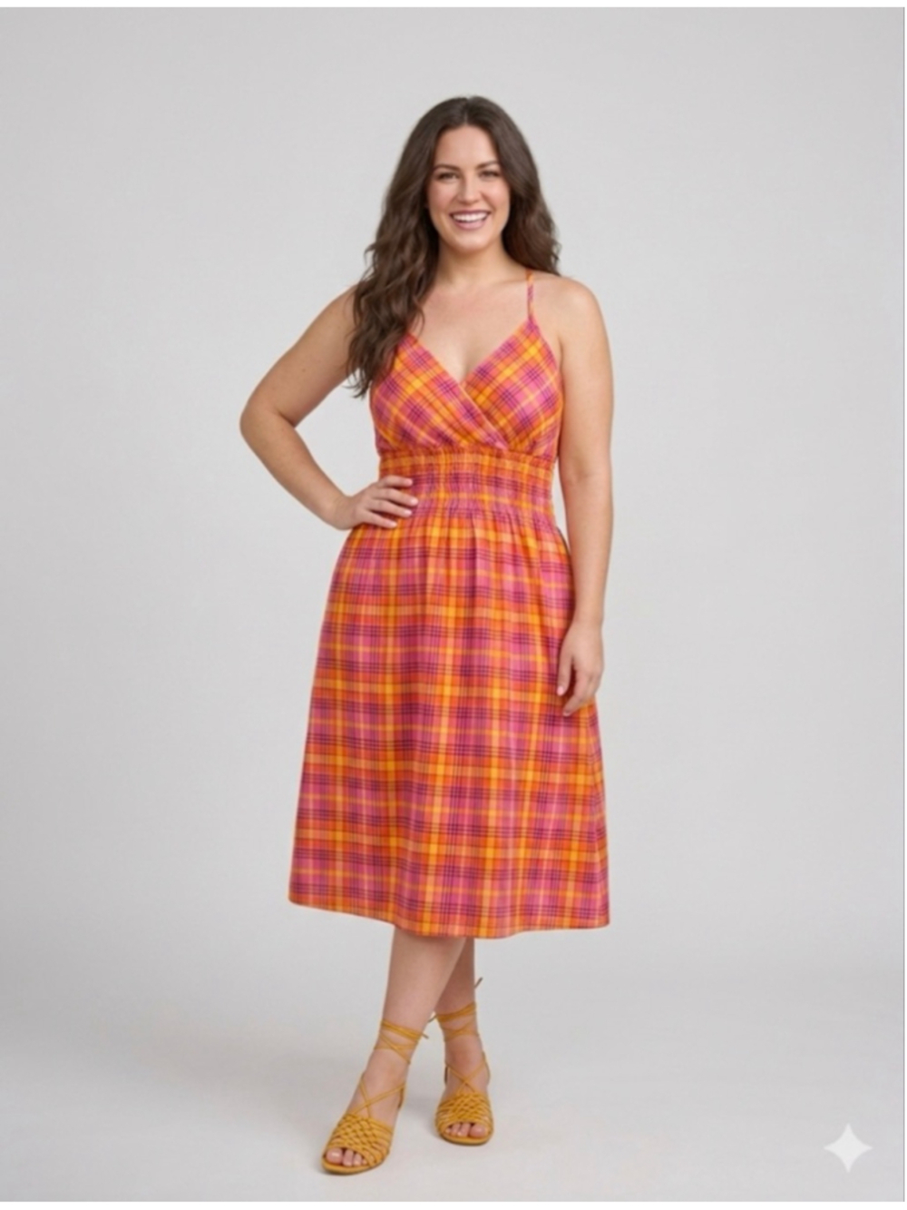 She's Cool Pink Orange Plaid Midi Dress Size M